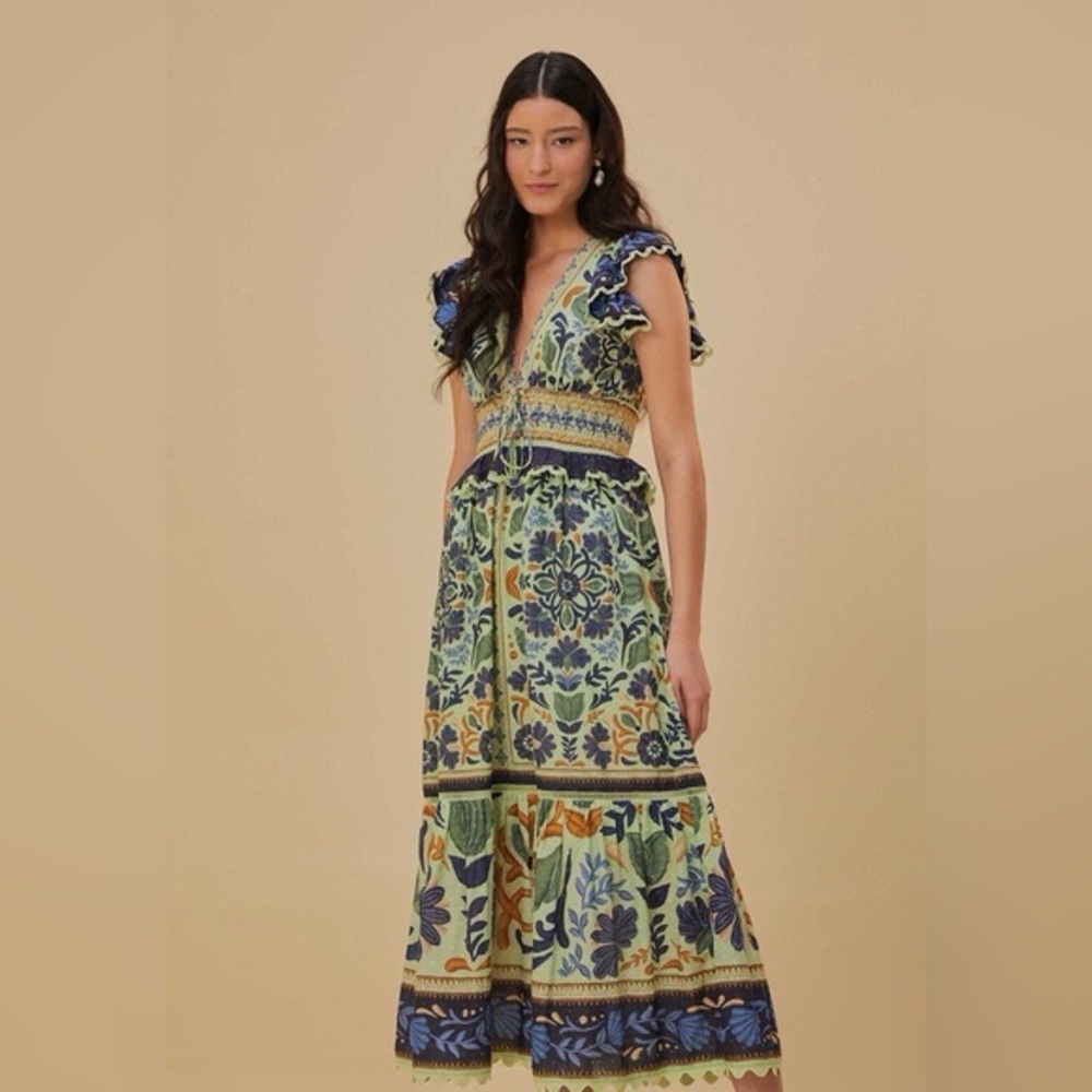 FARM Rio ocean tapestry dress - Floral Maxi Dress with Ruffle Sleeves